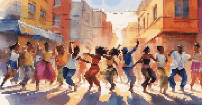 A lively street dance performance with diverse dancers in urban surroundings, showcasing a blend of traditional and contemporary dance styles.