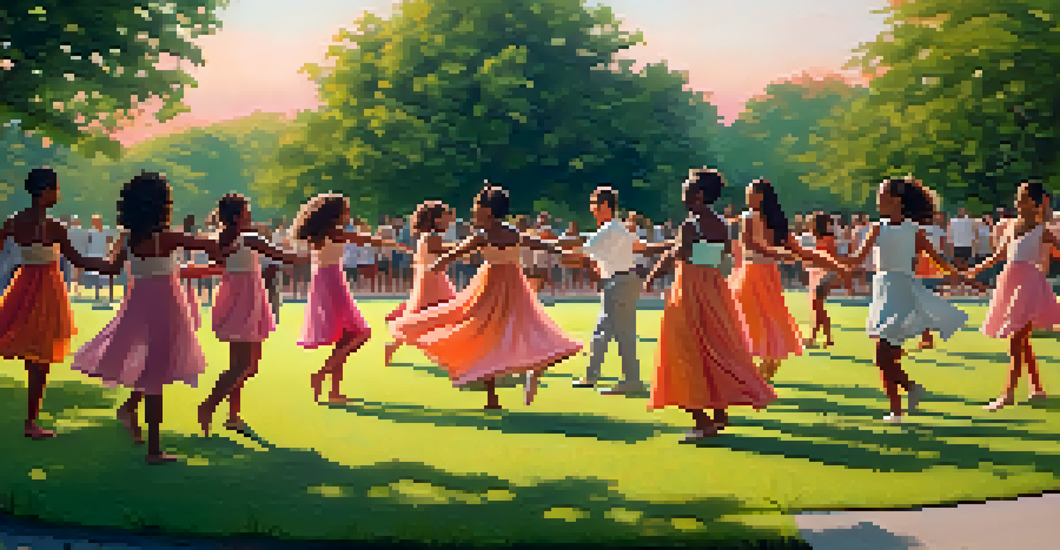 A group of dancers joyfully performing in a park at sunset, surrounded by nature.
