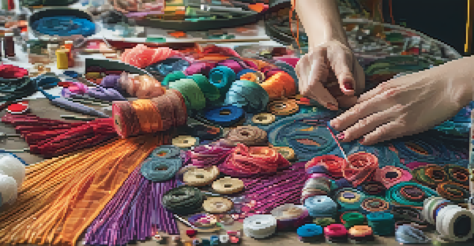 A close-up of hands sewing vibrant dance costumes with fabrics and sequins in a workspace filled with sewing tools and patterns.