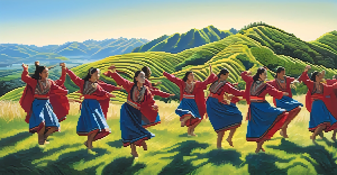 A group of Māori dancers performing the Haka dance in a green landscape, showcasing their traditional costumes and powerful expressions under a clear blue sky.