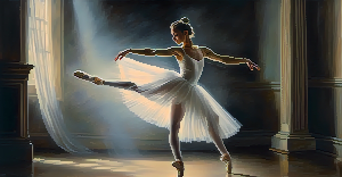 A ballet dancer performing a pirouette on a dimly lit stage, illuminated by a soft spotlight, with velvet curtains in the background.
