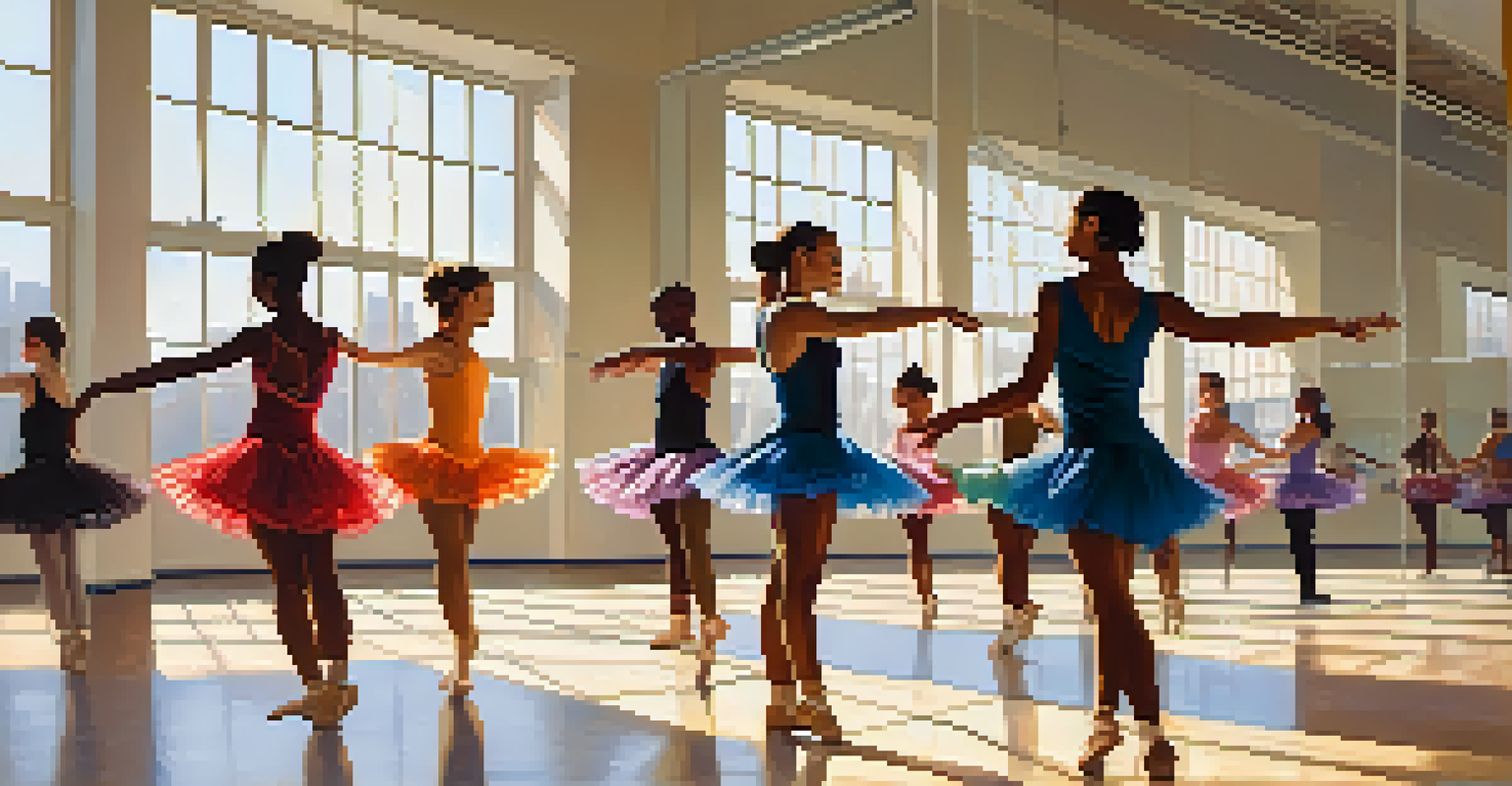 A group of dancers in a studio practicing different dance styles with bright sunlight coming through the windows.
