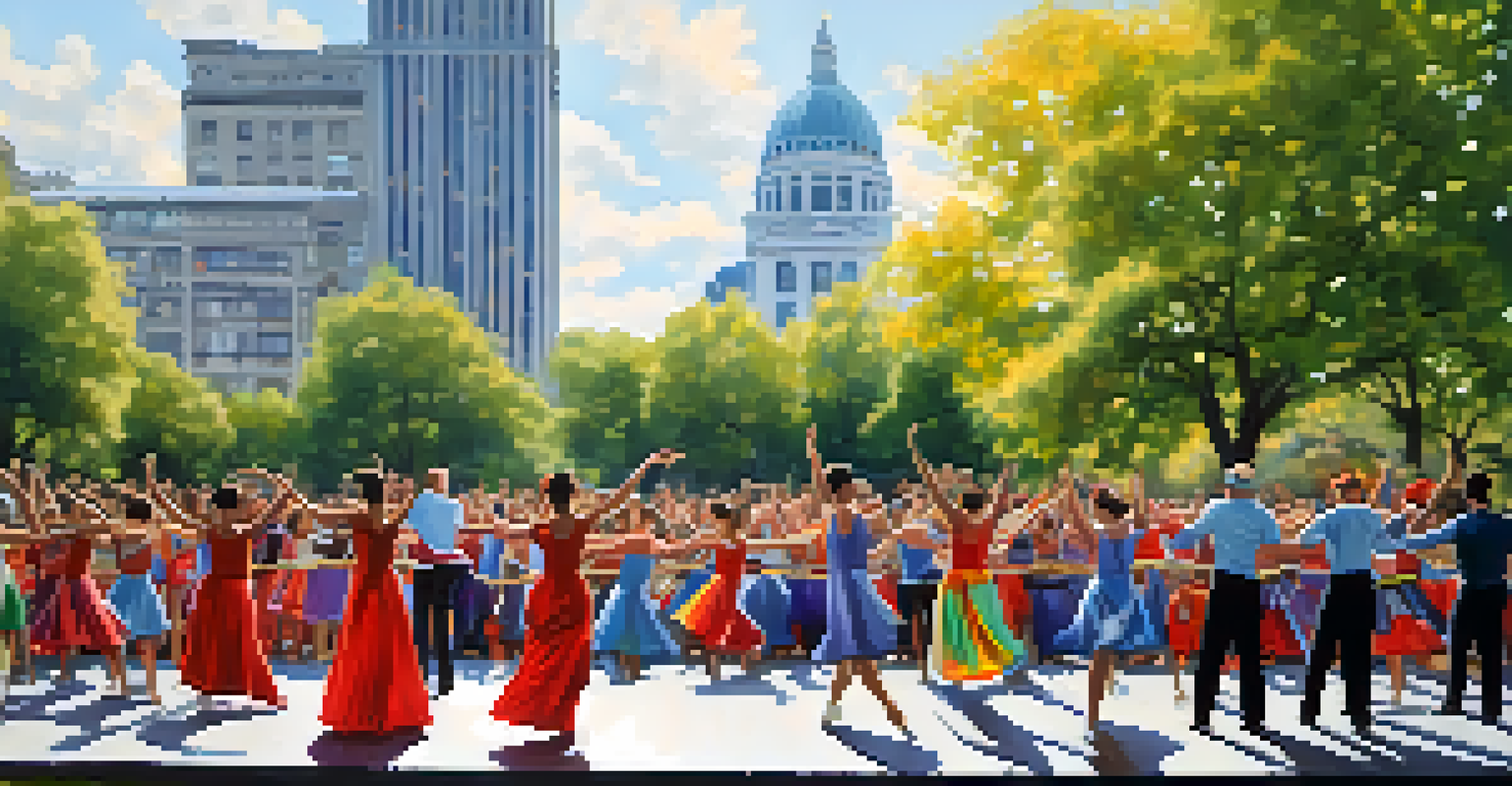 An outdoor dance performance in a park with dancers showcasing political messages, surrounded by an engaged audience.