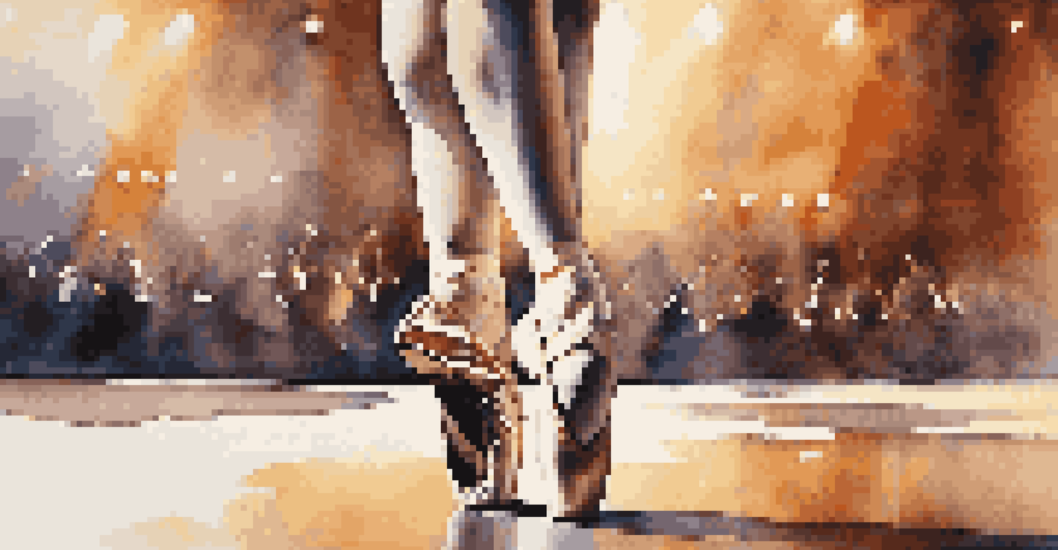 Close-up of a dancer's feet in ballet shoes on stage, with bright lights and a polished floor reflecting anticipation.