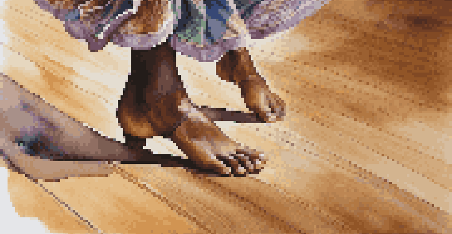 A close-up of a dancer's feet performing traditional Caribbean dance on a wooden stage, with a flowing skirt and soft lighting.