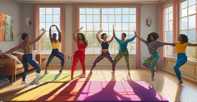 A lively virtual dance class with diverse dancers in colorful outfits participating from their homes, showcasing different dance styles and joyful expressions.