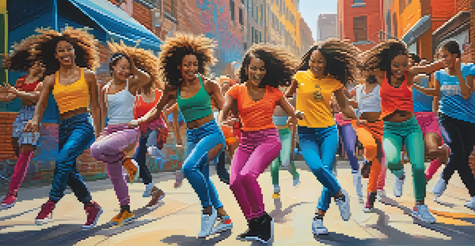 A group of female dancers in colorful outfits performing street dance against a graffiti-covered wall, showcasing strength and joy.