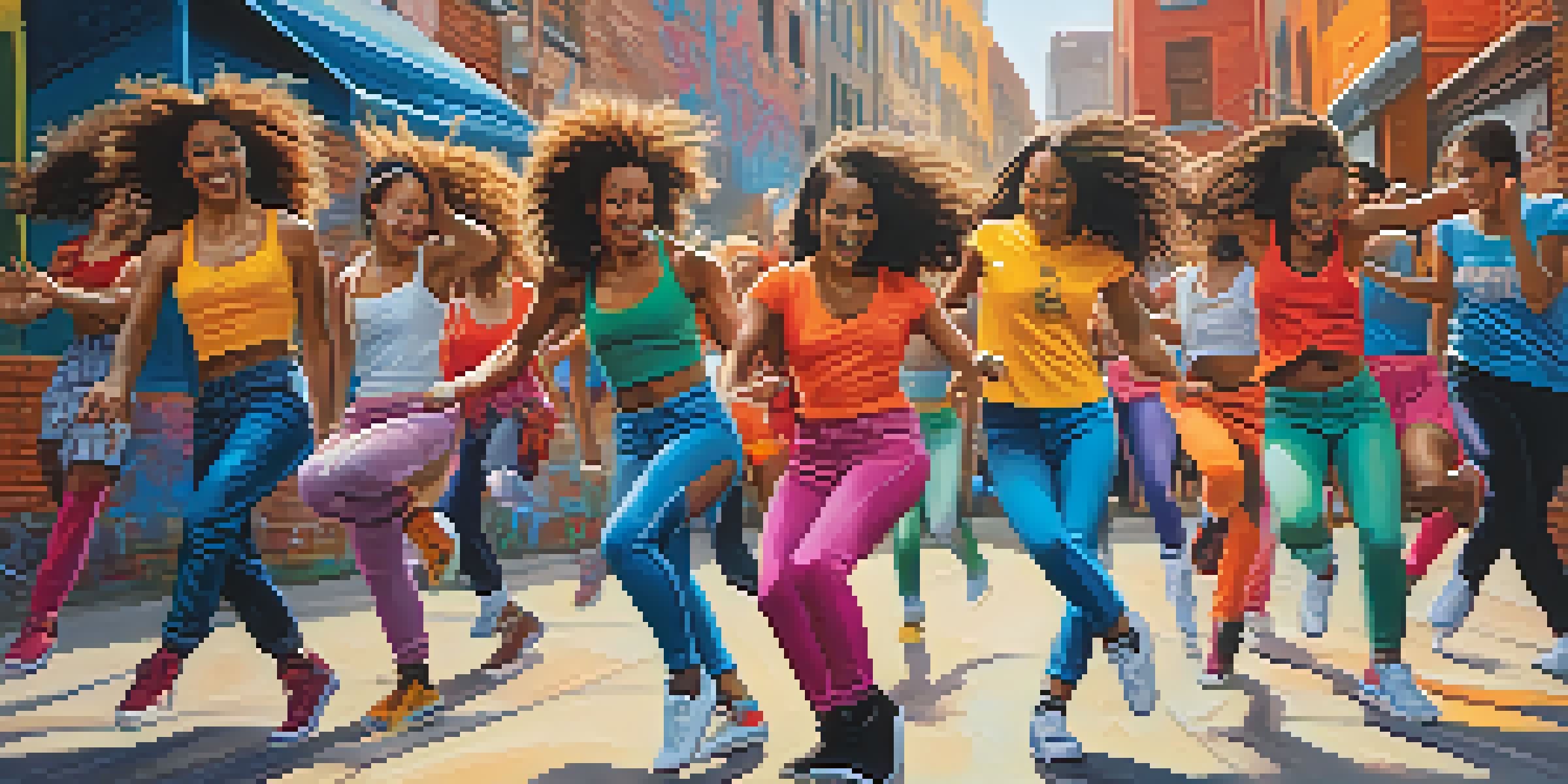 A group of female dancers in colorful outfits performing street dance against a graffiti-covered wall, showcasing strength and joy.