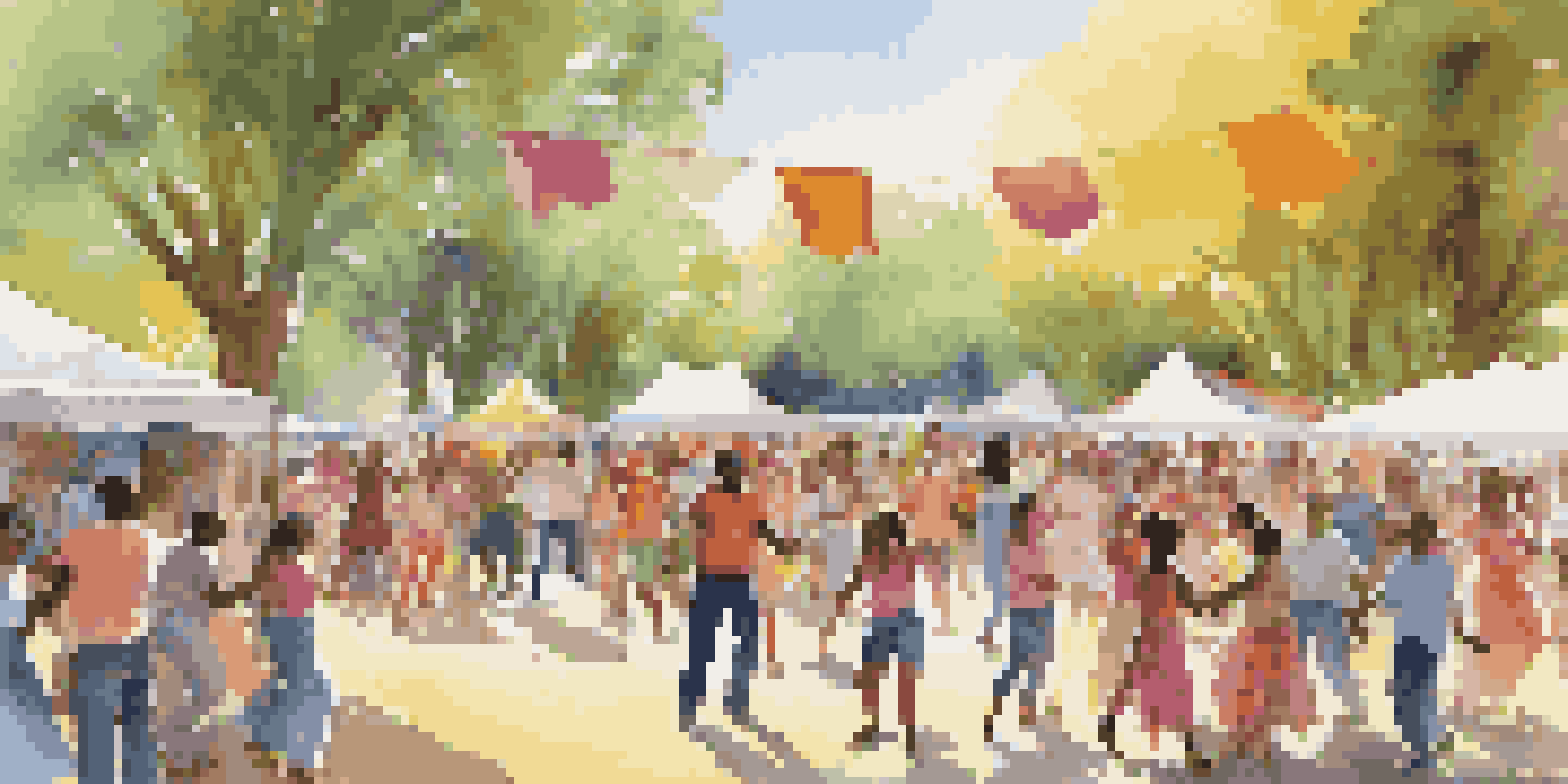 A lively outdoor dance festival with diverse dancers in a park, surrounded by colorful banners and food stalls, under sunny skies.