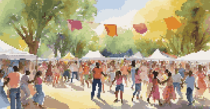 A lively outdoor dance festival with diverse dancers in a park, surrounded by colorful banners and food stalls, under sunny skies.