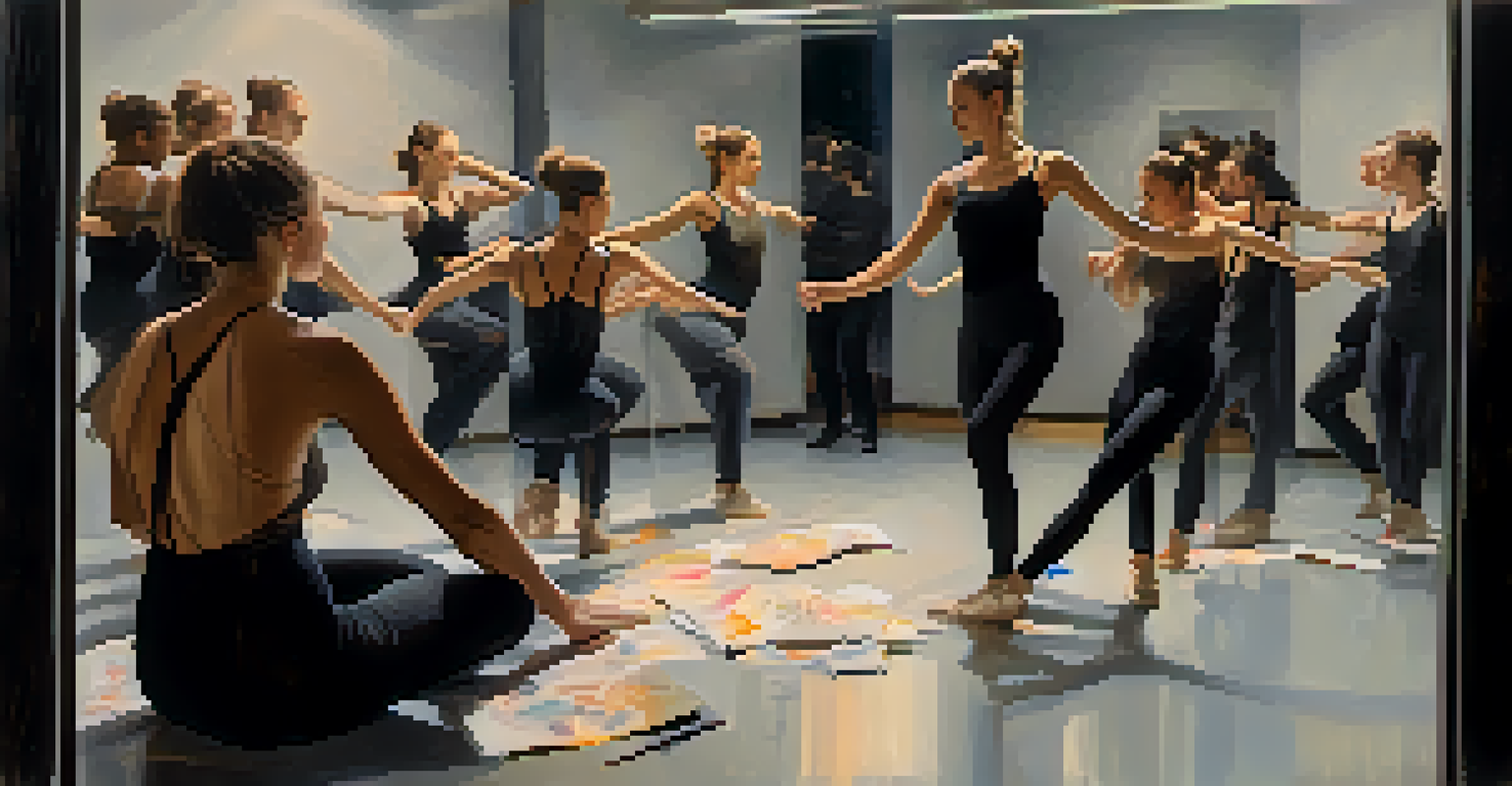 A small group of dancers collaborating in a studio, discussing their creativity surrounded by mirrors and soft lighting.