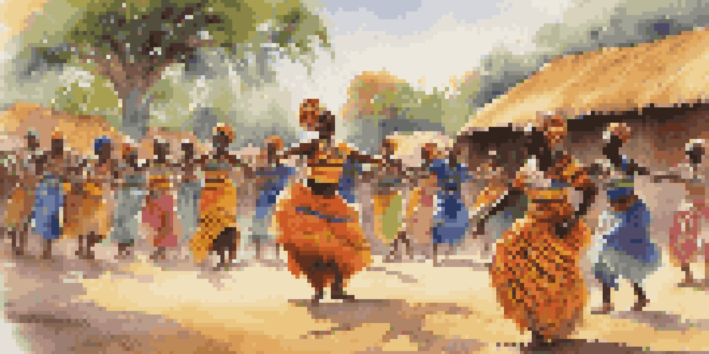 A colorful traditional African dance performance with dancers in vibrant attire and an engaged audience, set in a village square surrounded by greenery.
