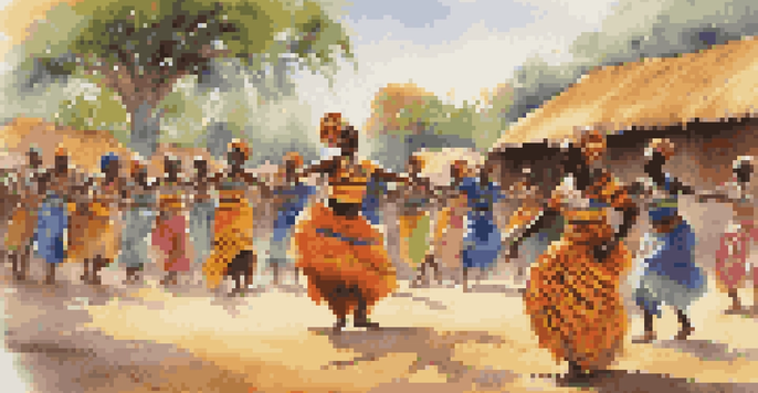 A colorful traditional African dance performance with dancers in vibrant attire and an engaged audience, set in a village square surrounded by greenery.