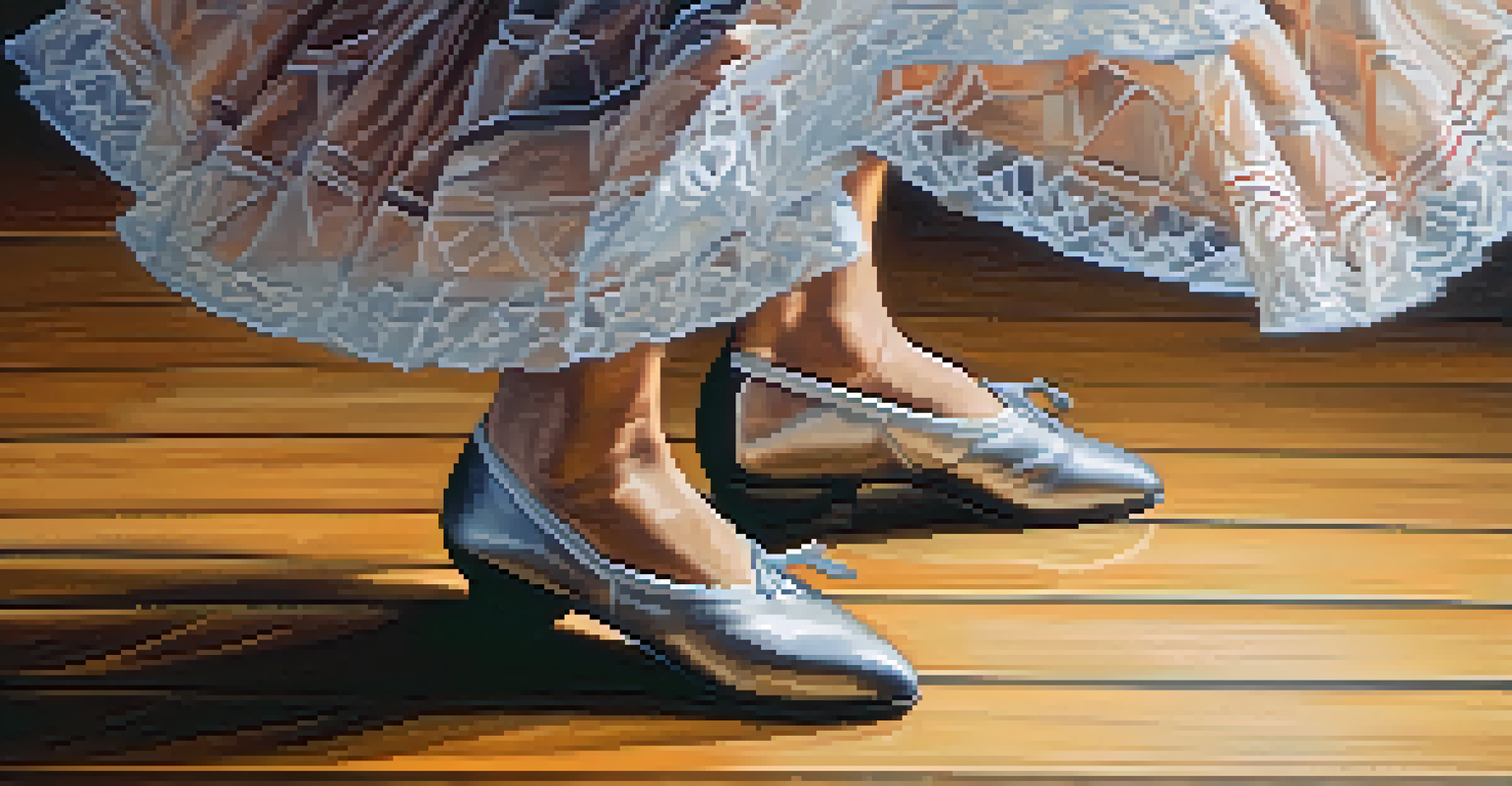 A close-up of a dancer's feet in traditional shoes dancing on a wooden floor, showcasing the textures and movement.