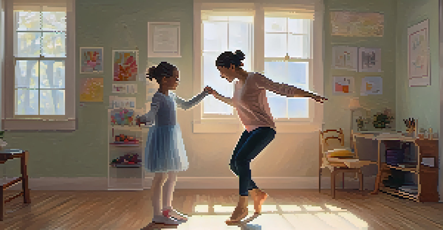 A dance therapist guides a young girl with autism through a gentle dance movement in a cozy, warmly lit studio.