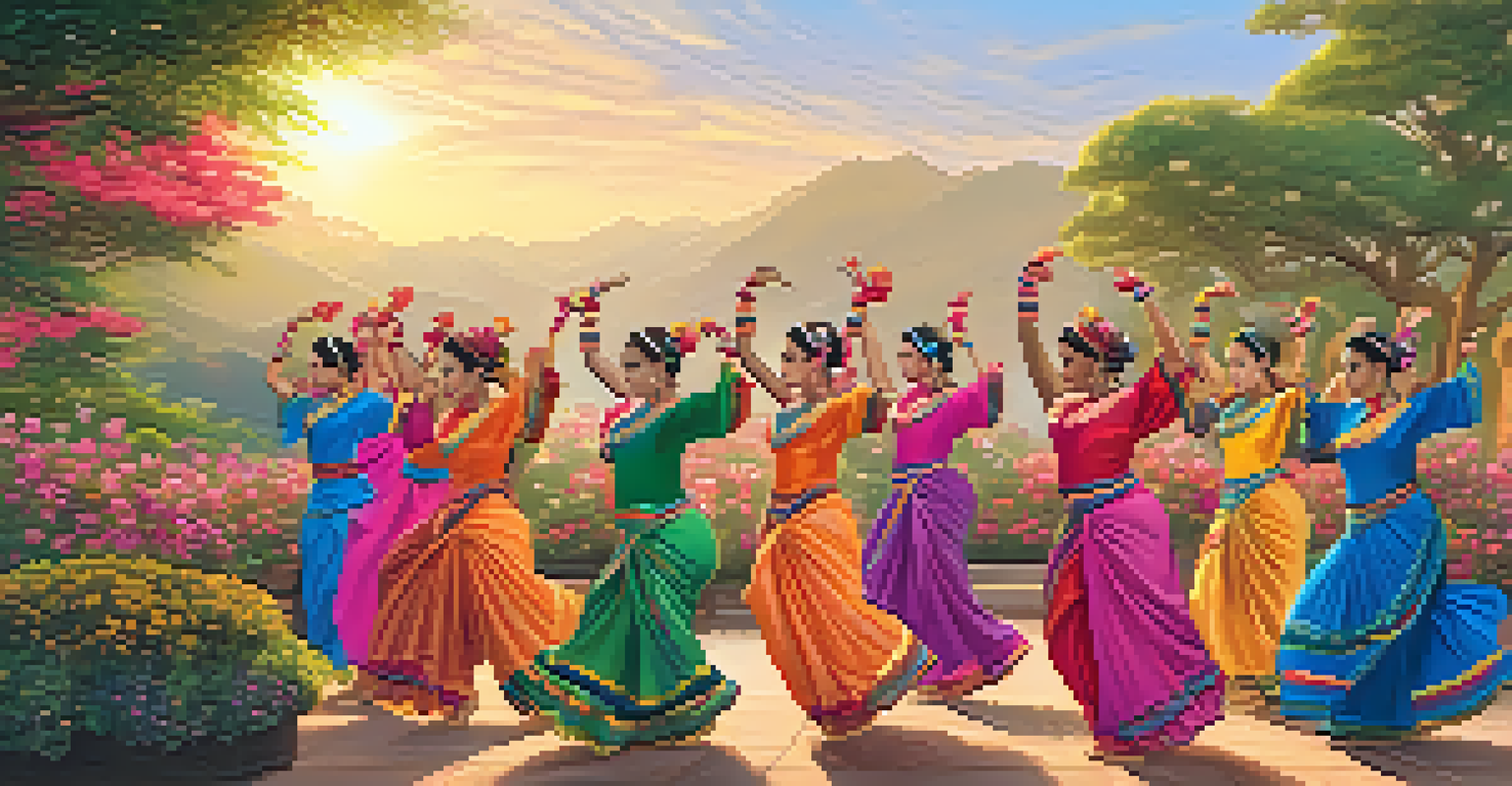 A group of dancers in colorful traditional costumes performing in a lush garden at sunset, surrounded by flowers.