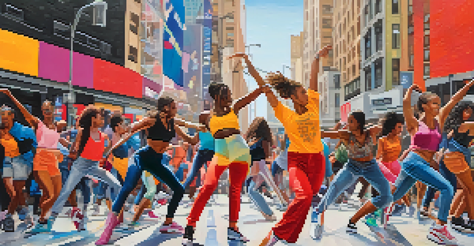 A digital collage featuring dancers in dynamic poses against a city backdrop, with social media icons and hashtags symbolizing dance activism.