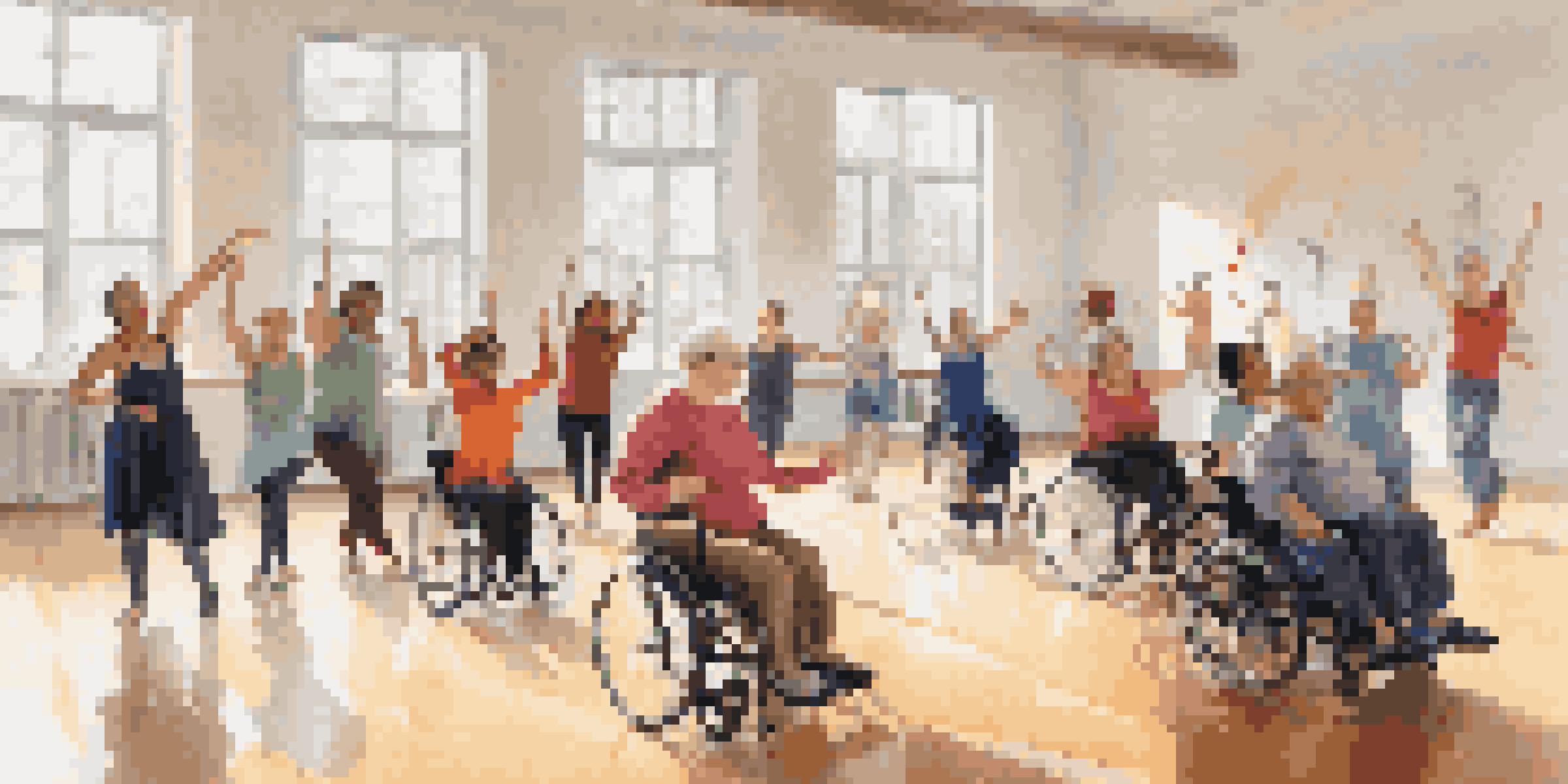 A diverse group of individuals participating in an adaptive dance workshop, showcasing inclusion and joy in a bright studio.