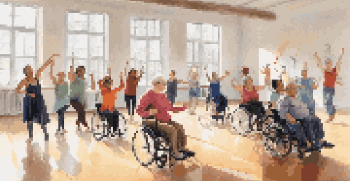 A diverse group of individuals participating in an adaptive dance workshop, showcasing inclusion and joy in a bright studio.
