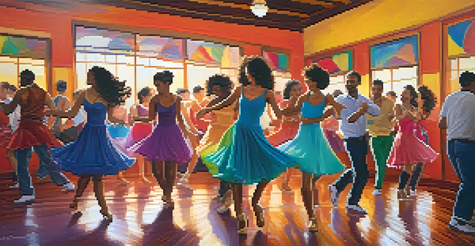 A diverse group of people dancing in a colorful salsa class with mirrors and warm lighting.