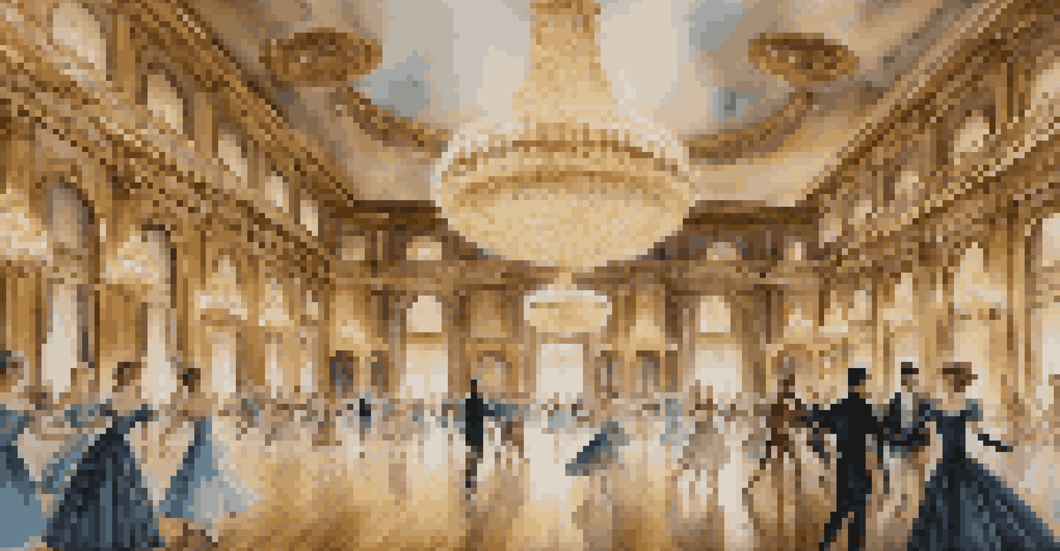 A Renaissance ballroom scene with elegantly dressed dancers performing intricate dance moves under ornate chandeliers.