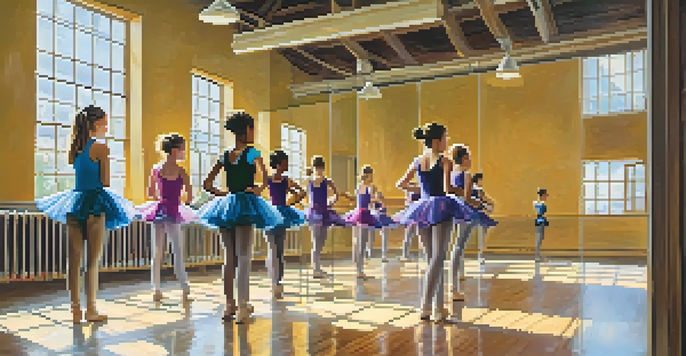 A bright dance studio with young dancers practicing various styles in colorful attire, surrounded by mirrors and natural light.