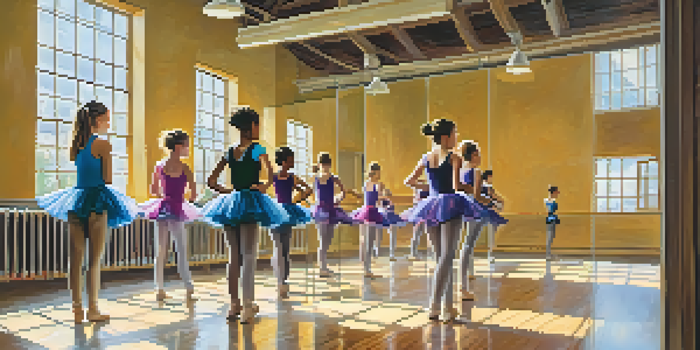 A bright dance studio with young dancers practicing various styles in colorful attire, surrounded by mirrors and natural light.