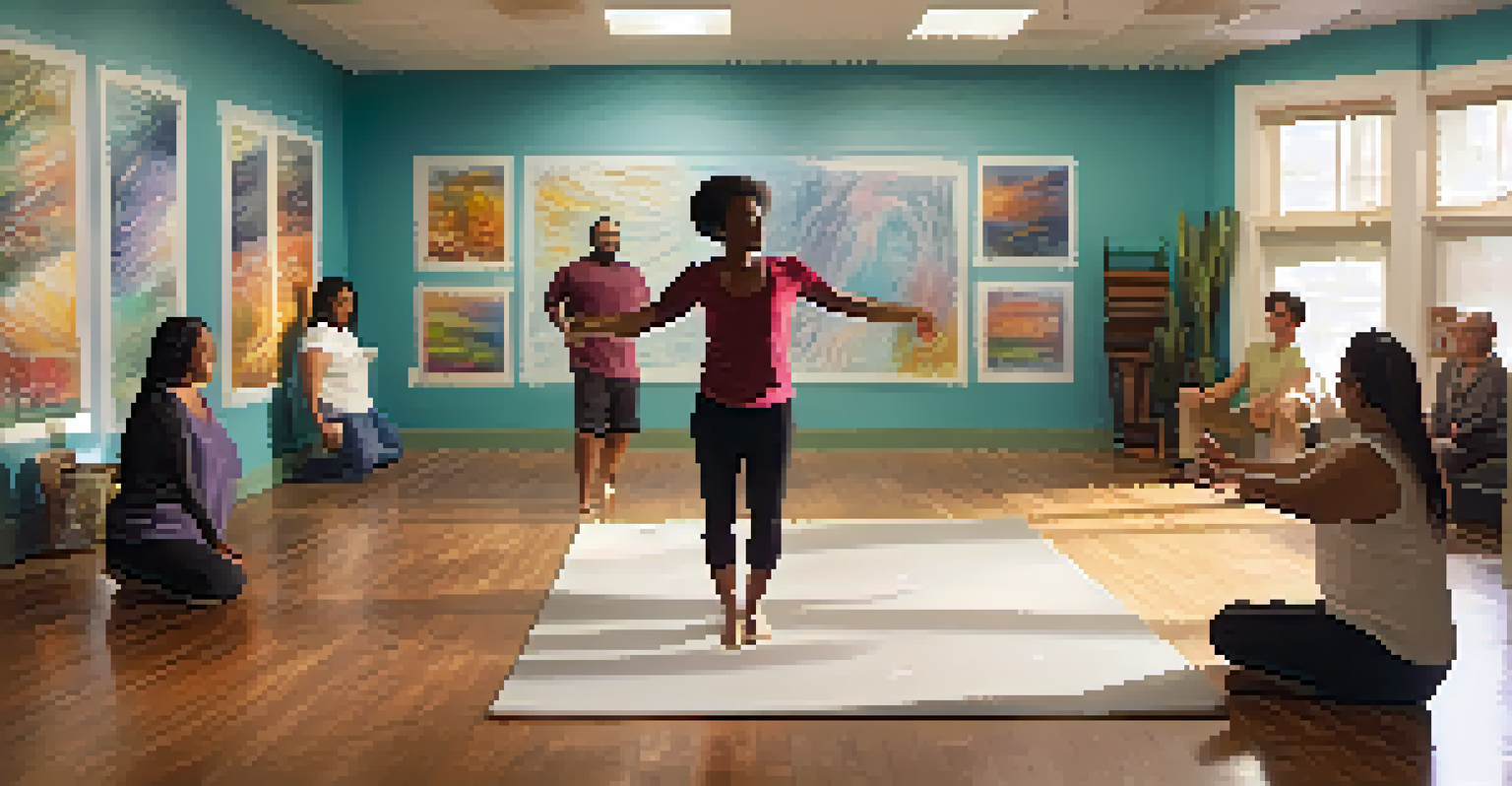 A serene community center where a small group of people participates in a dance therapy session, surrounded by soft lighting and inspirational decor.