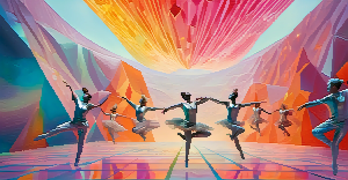 A surreal virtual reality dance performance with dancers leaping in a gravity-defying manner, surrounded by colorful geometric shapes and soft lighting.