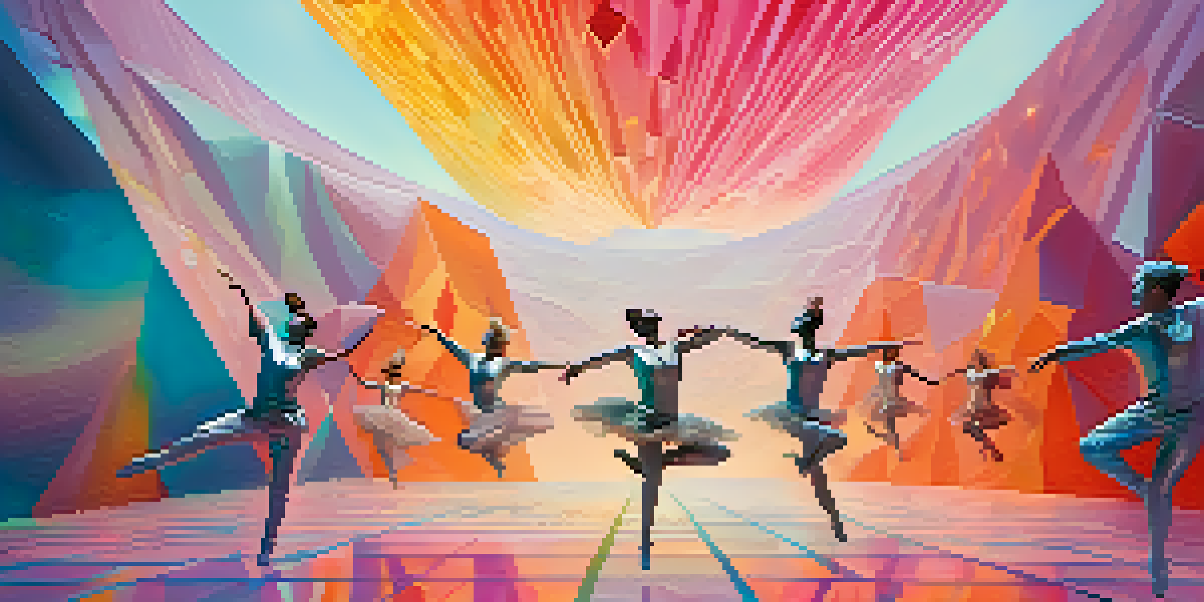 A surreal virtual reality dance performance with dancers leaping in a gravity-defying manner, surrounded by colorful geometric shapes and soft lighting.