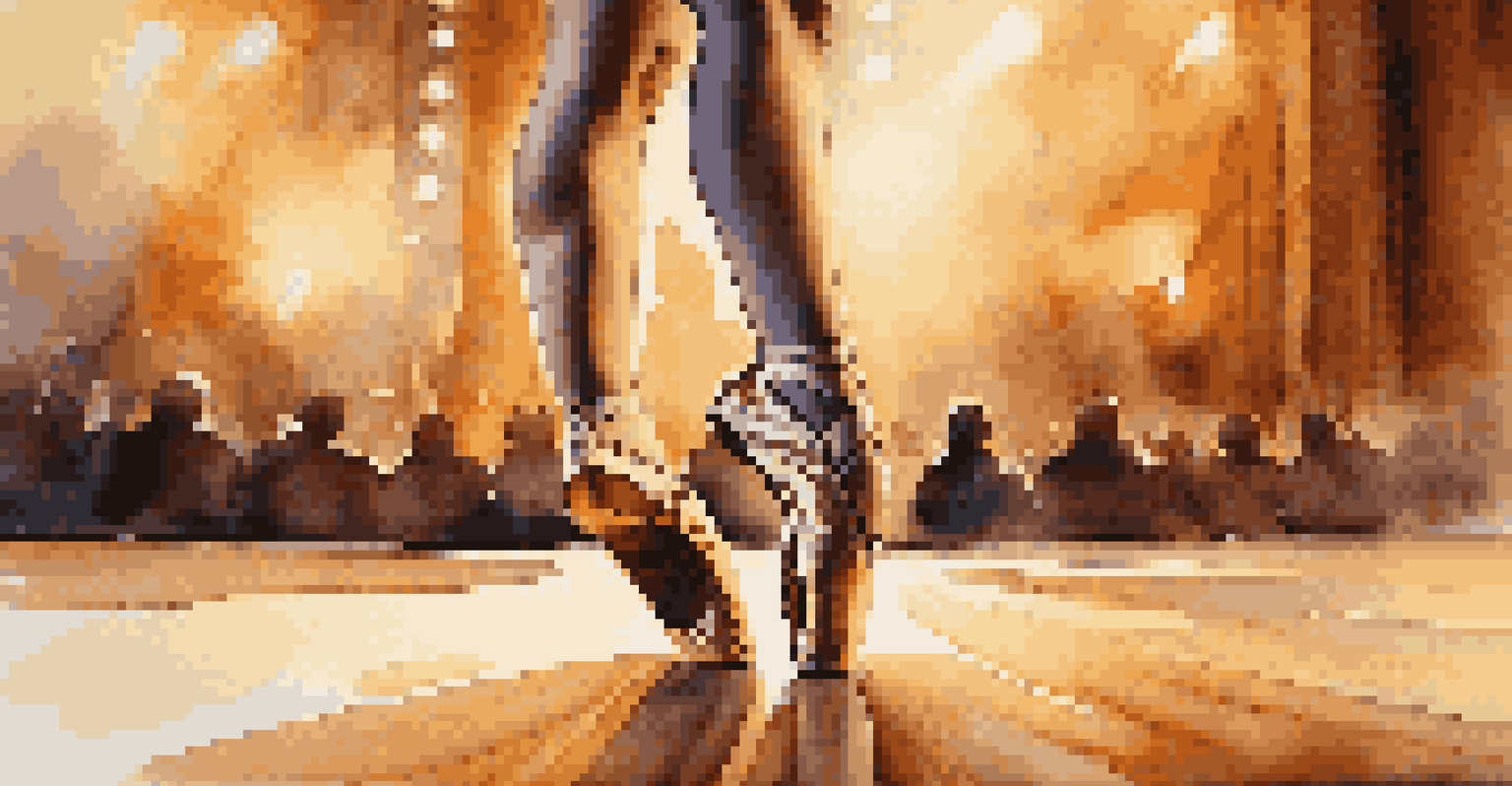 Close-up of a dancer's feet on stage, showcasing detailed shoes and the texture of the wooden floor, illuminated by warm stage lights.