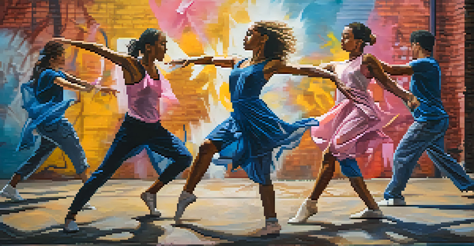 Dancers of different genders performing contemporary dance in an urban environment with graffiti art, showcasing dynamic movements and dramatic lighting.
