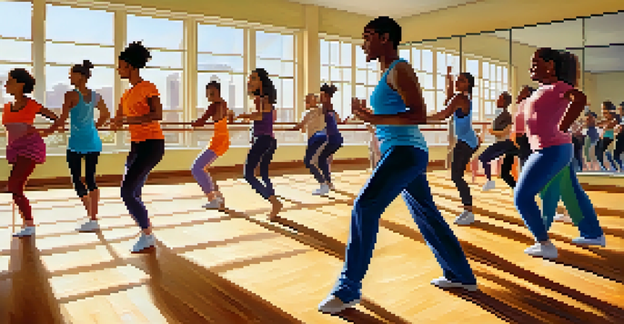 A lively dance class with diverse participants in a bright dance studio, showcasing joy and movement.