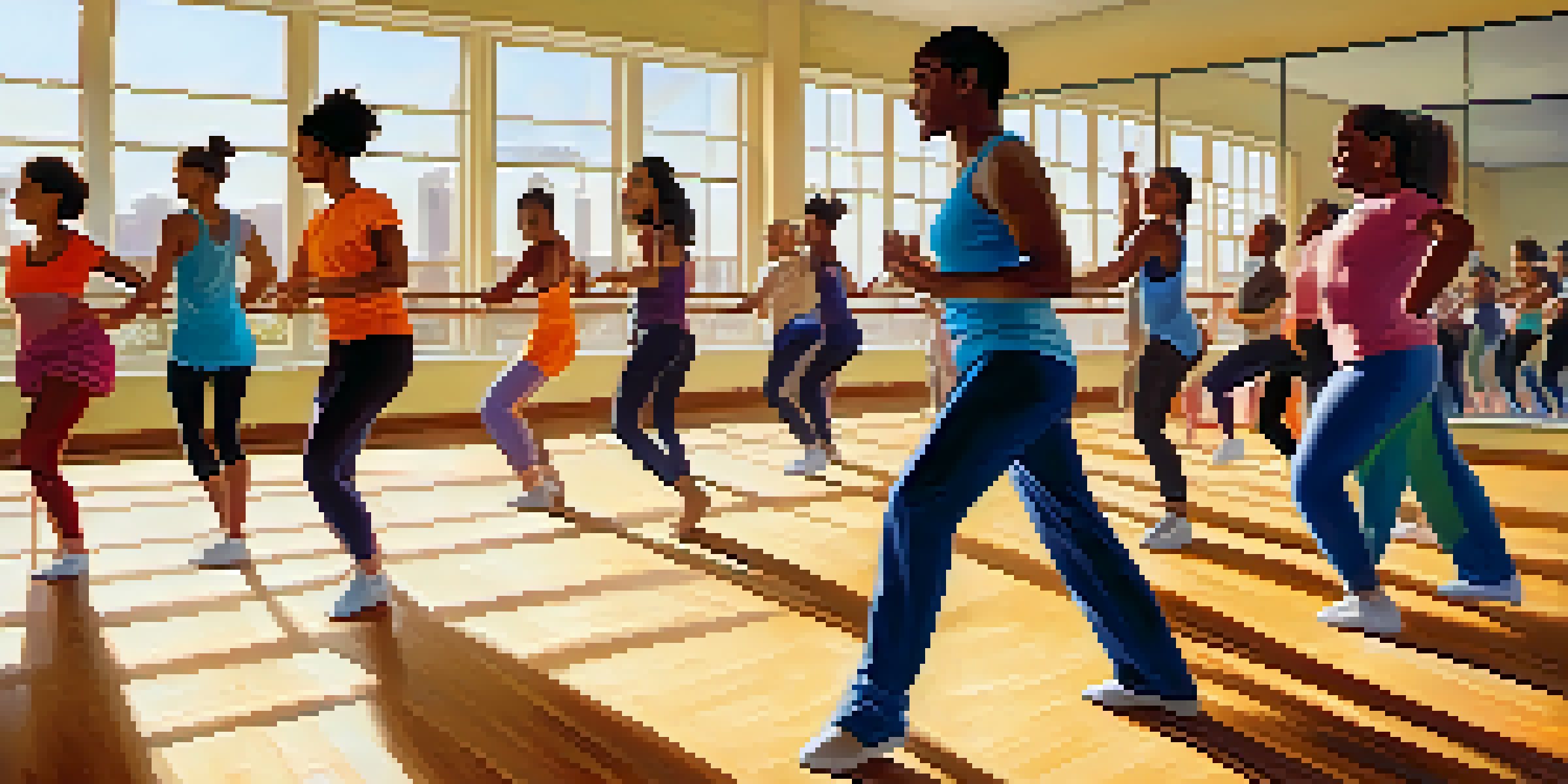 A lively dance class with diverse participants in a bright dance studio, showcasing joy and movement.