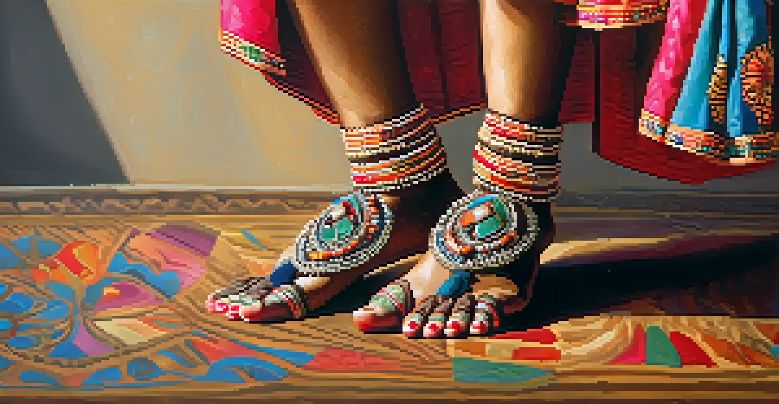 Close-up of a dancer's feet in traditional Indian dance, showcasing ankle bells and colorful attire on a wooden stage.