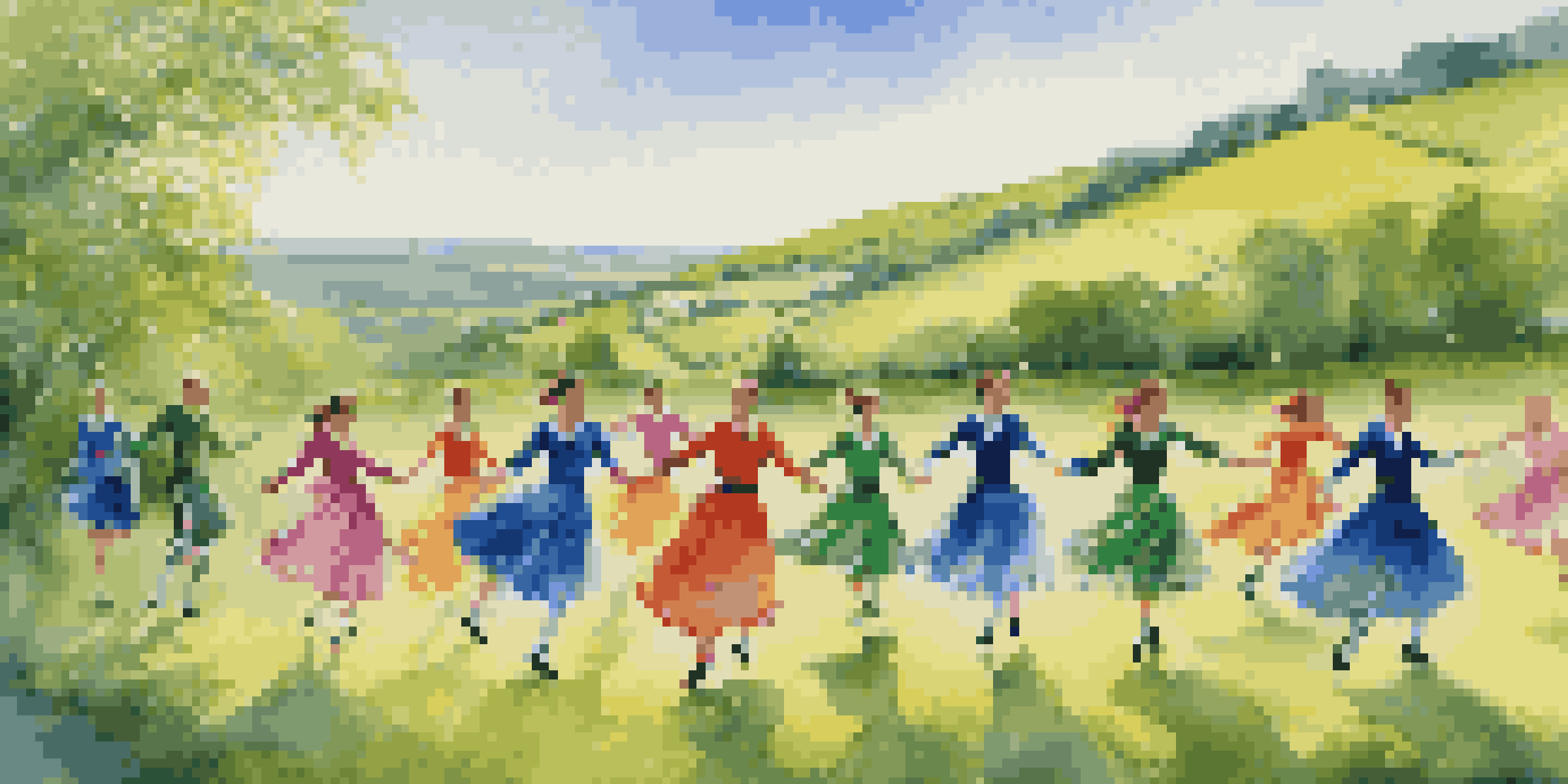 A group of dancers performing a traditional Irish dance in a picturesque green landscape, with bright costumes and a sunny sky.