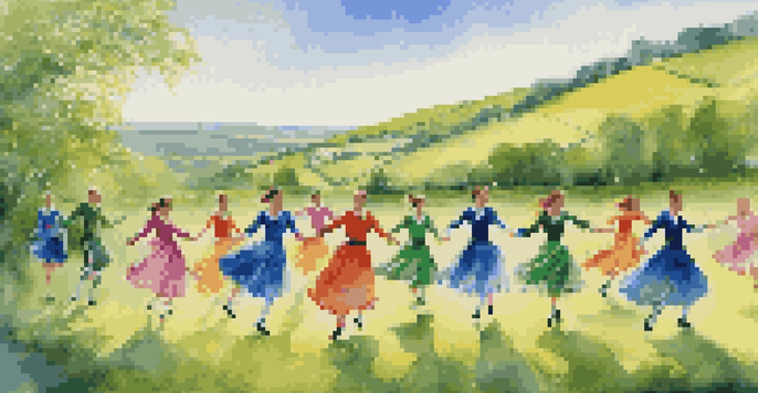 A group of dancers performing a traditional Irish dance in a picturesque green landscape, with bright costumes and a sunny sky.