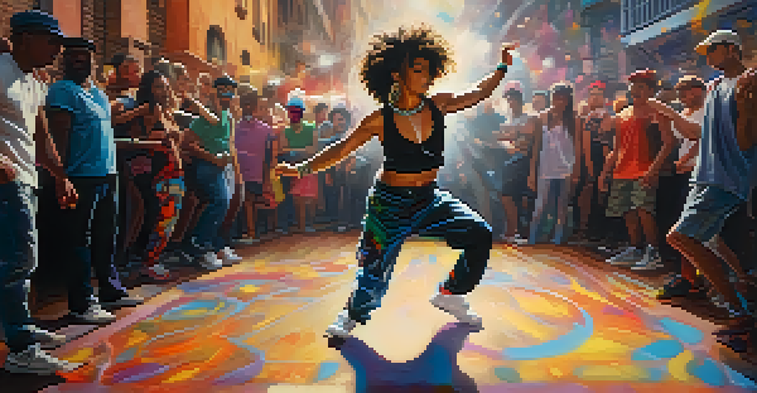 A dancer in an eclectic costume performing in a street dance battle, surrounded by an enthusiastic audience and dramatic stage lights.
