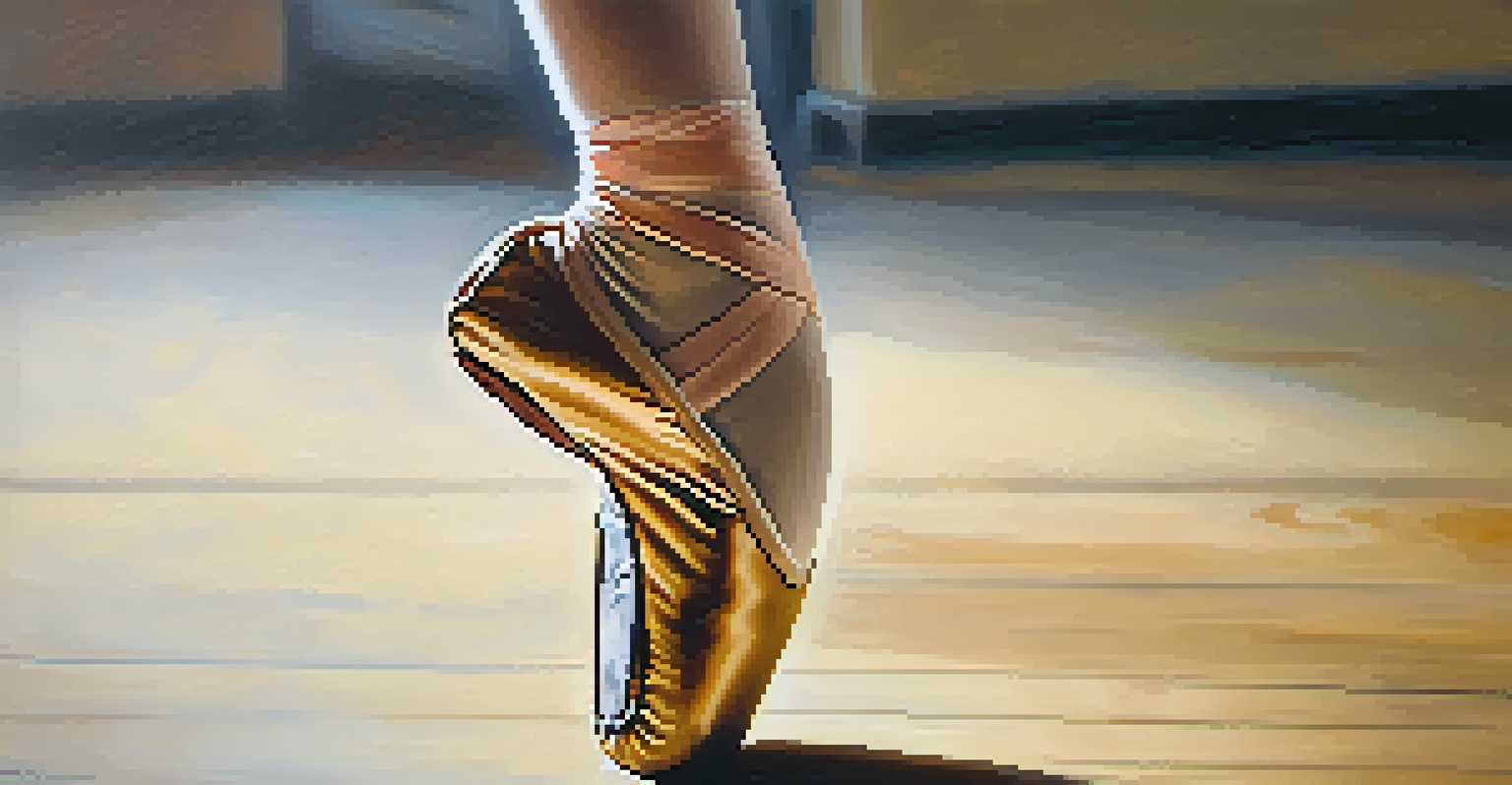A close-up of a dancer's foot in a ballet shoe on a wooden floor, showcasing the shoe's texture.
