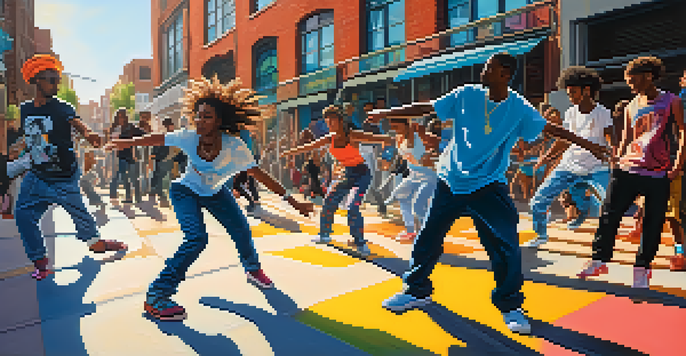 A lively street scene with diverse dancers performing breakdancing against a backdrop of colorful graffiti, capturing themes of social justice and community energy.