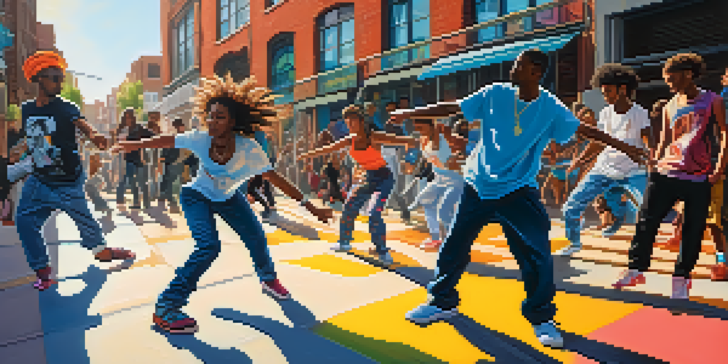 A lively street scene with diverse dancers performing breakdancing against a backdrop of colorful graffiti, capturing themes of social justice and community energy.