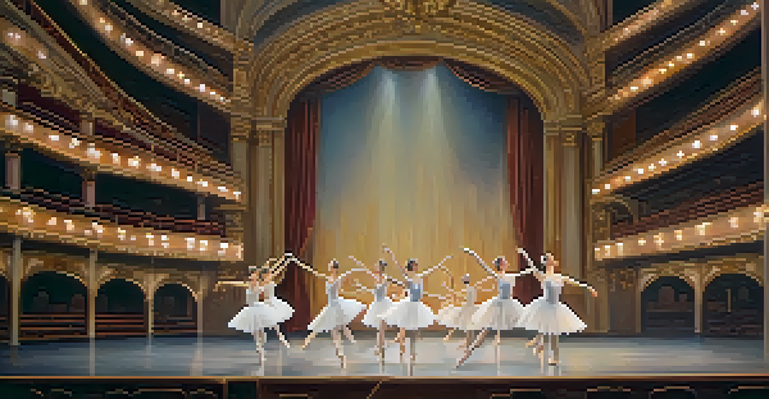 A ballet dancer in a white tutu performing 'Swan Lake' on stage in a grand theater with warm lighting.