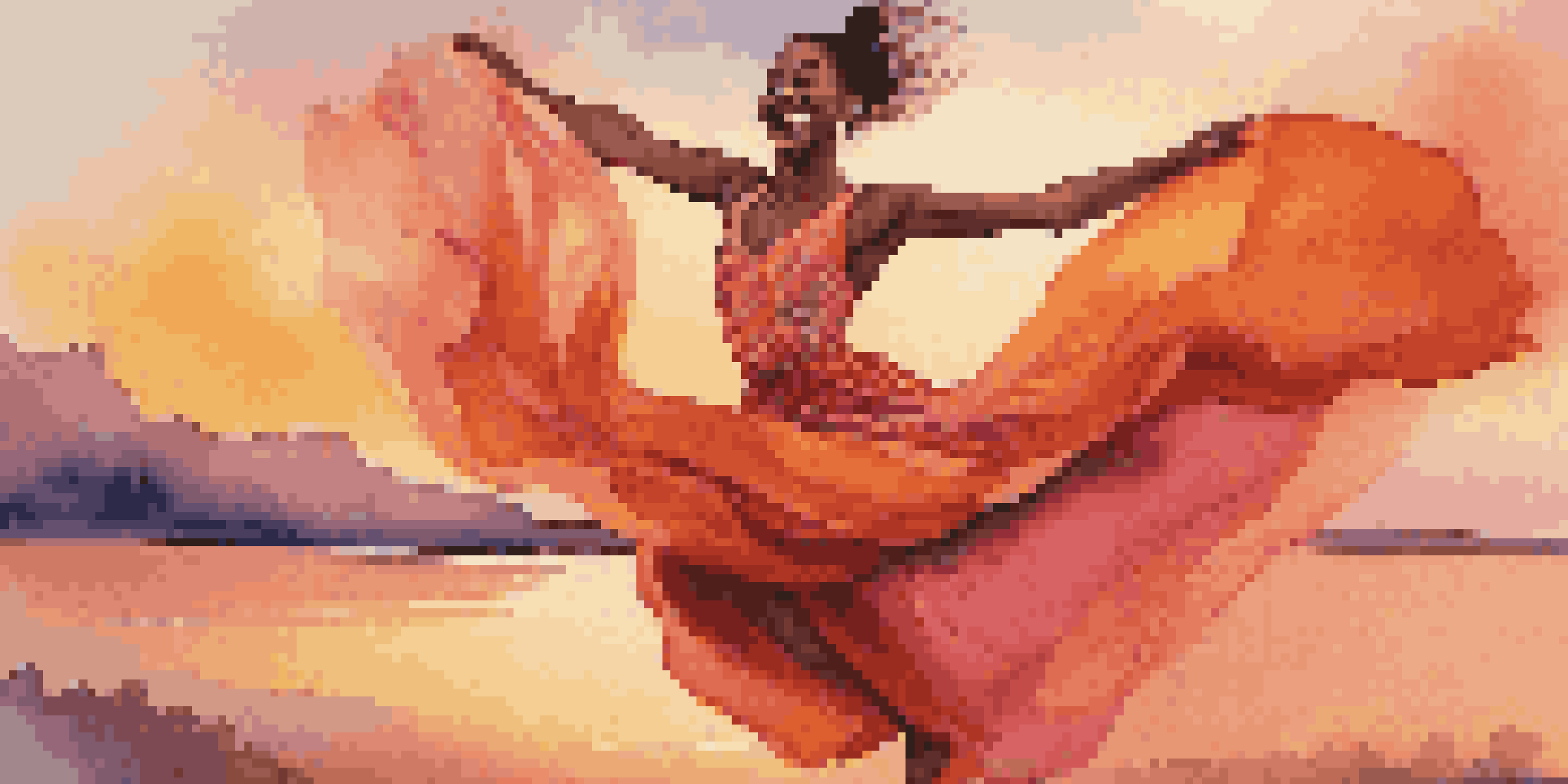 A dancer jumping joyfully against a colorful sunset, wearing a bright costume, with a big smile.