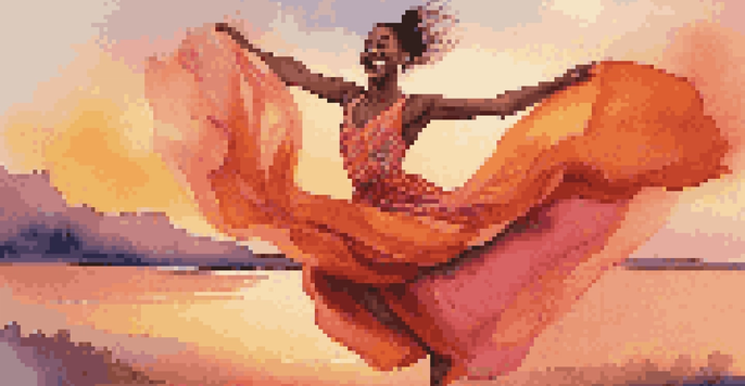 A dancer jumping joyfully against a colorful sunset, wearing a bright costume, with a big smile.