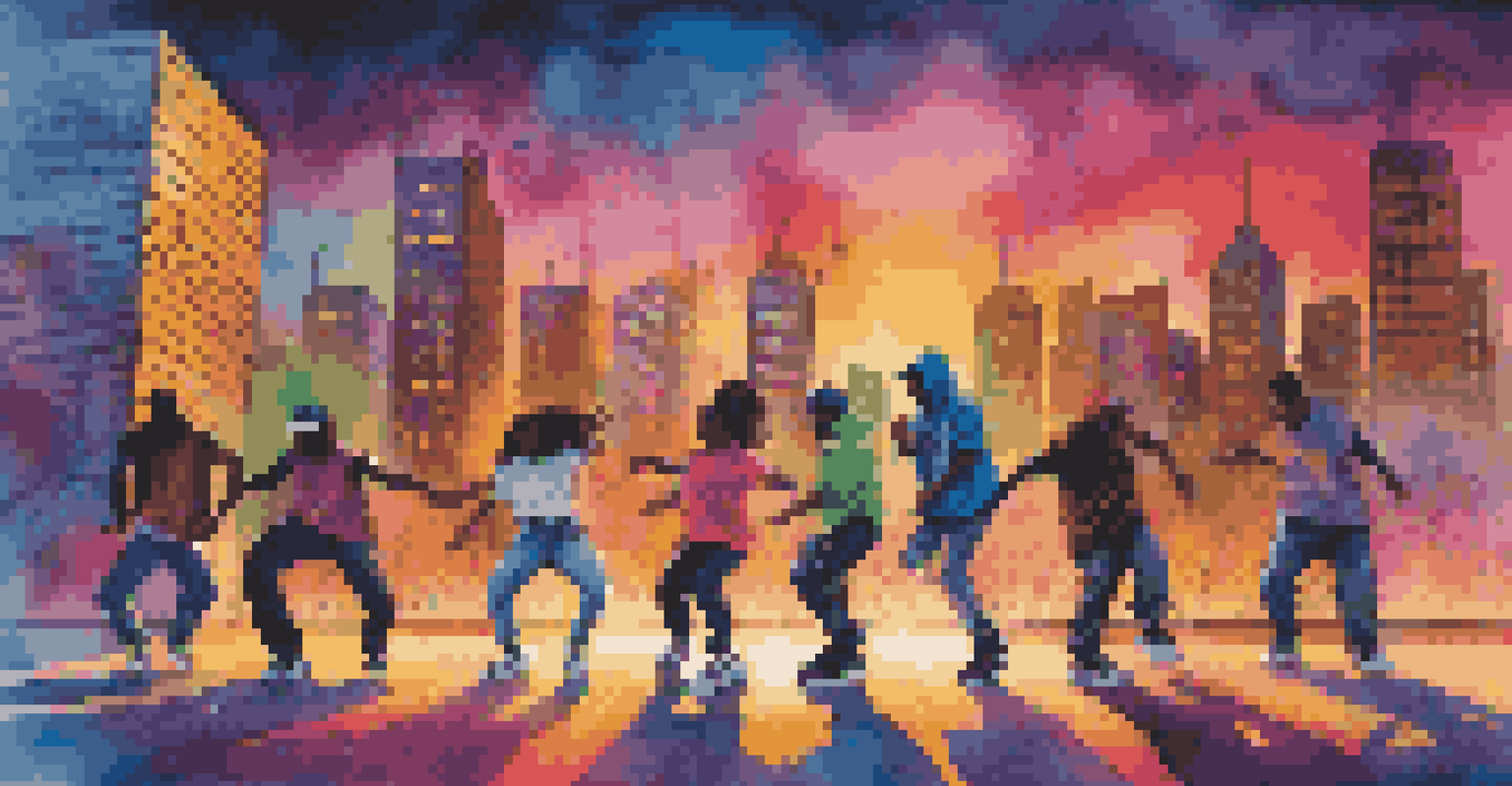 A hip-hop dance performance in front of an urban skyline at sunset, featuring colorful projections of graffiti and abstract shapes, with dancers in modern streetwear.