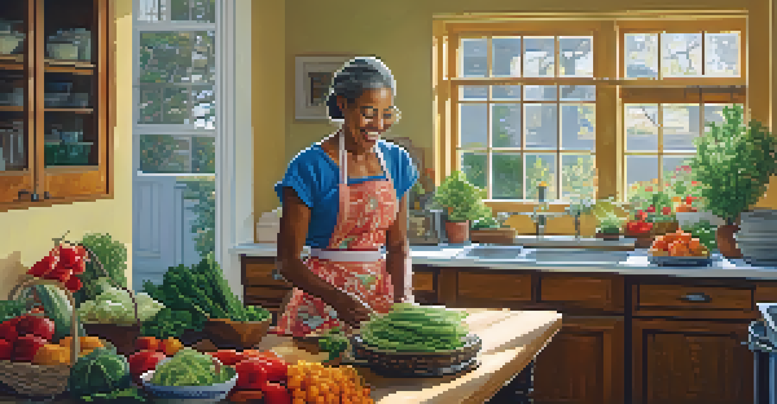 An older dancer in a cozy kitchen preparing a healthy meal with fresh vegetables and fruits.