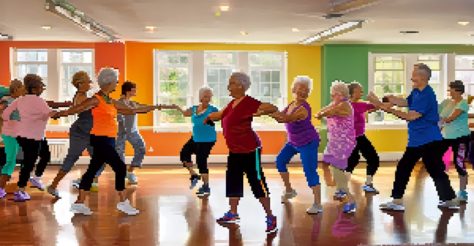 A group of elderly individuals dancing joyfully in a Zumba class, with colorful decorations and natural light illuminating the room.