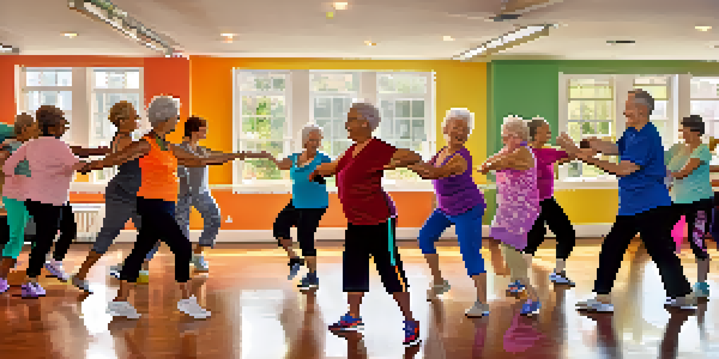 A group of elderly individuals dancing joyfully in a Zumba class, with colorful decorations and natural light illuminating the room.