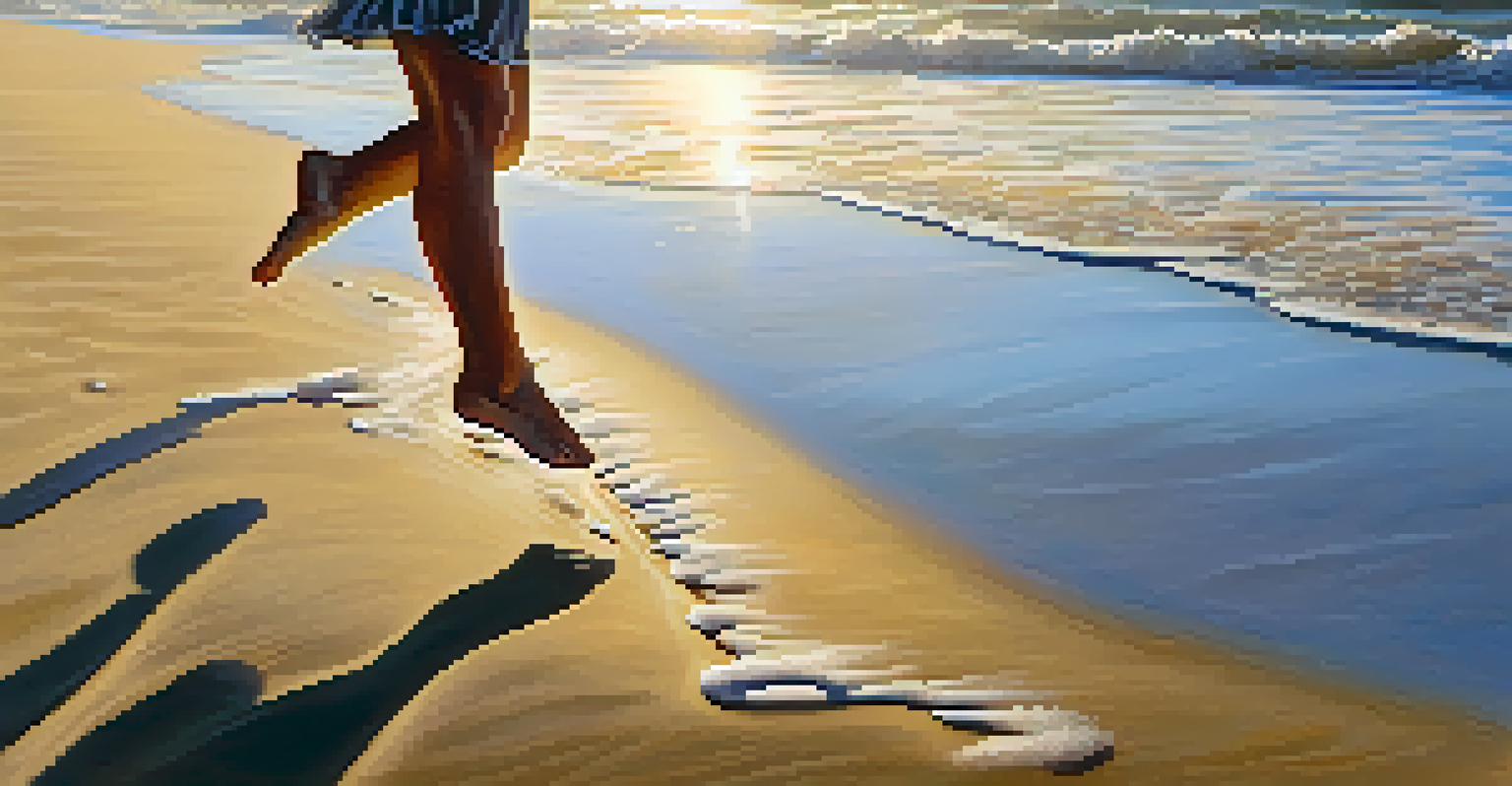 Dancer's feet on a beach, leaving imprints in the sand, with waves in the background.
