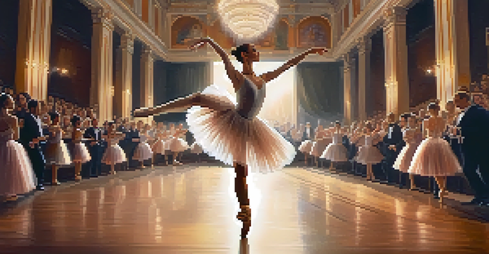 A ballet dancer performing a pirouette on stage with warm lighting and a blurred theater background.